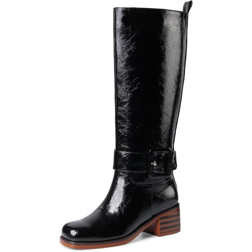 Women's B-Black Round Toe Wide Calf Chunky Low Heel Pull Knee High Boots Rubber